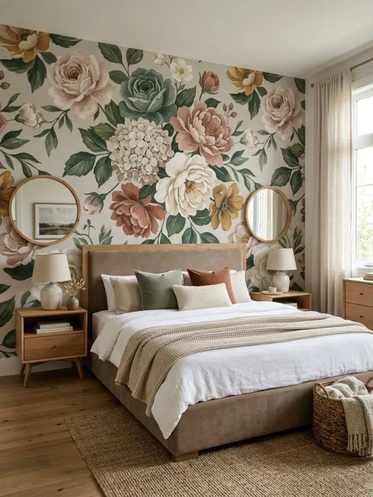 A bold floral wallpaper bedroom aesthetic centered around a large-scale botanical statement wall behind a plush upholstered bed in warm neut.