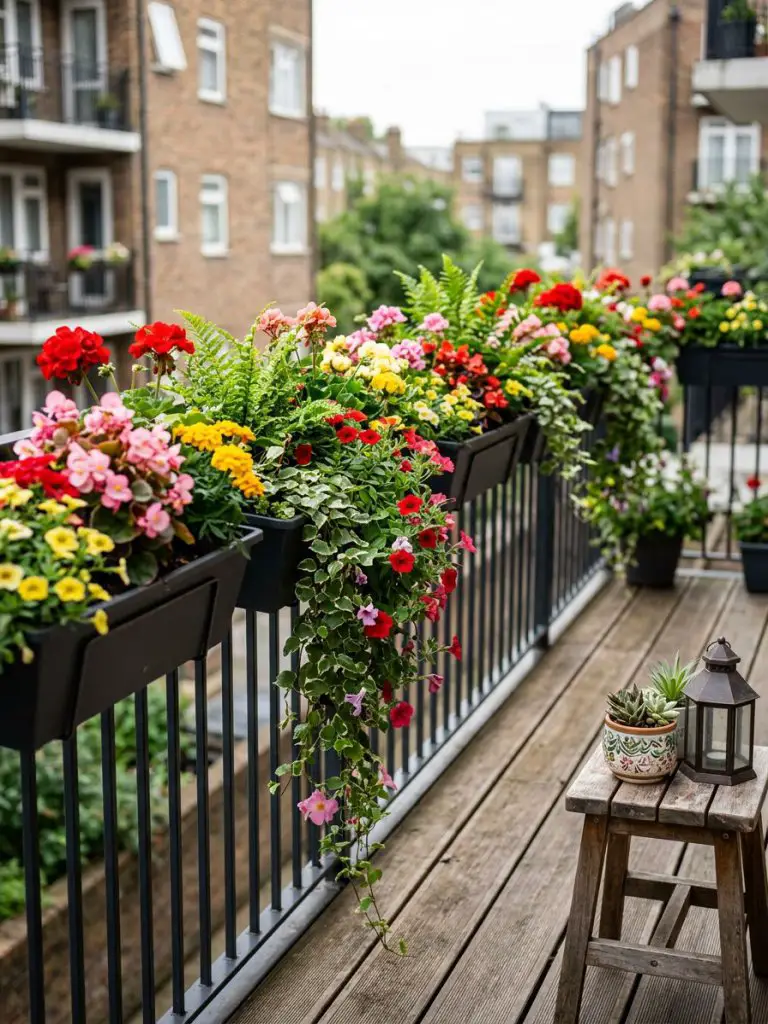 A compact balcony filled with railing planters and blooming flowers in a cozy urban mini garden style.
