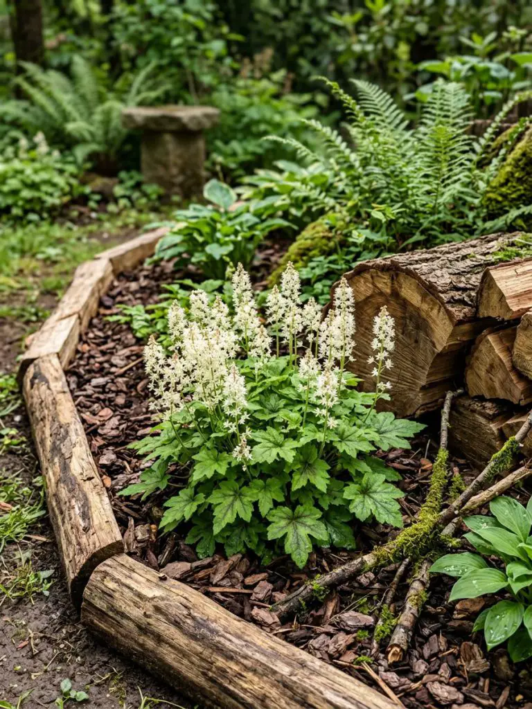 A compact shaded garden corner featuring foamflower paired with natural wood elements in a modern rustic composition.