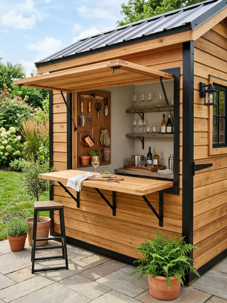 A compact backyard shed with a fold-out horizontal hatch door that transforms into a serving counter, blending Modern Rustic and functional.