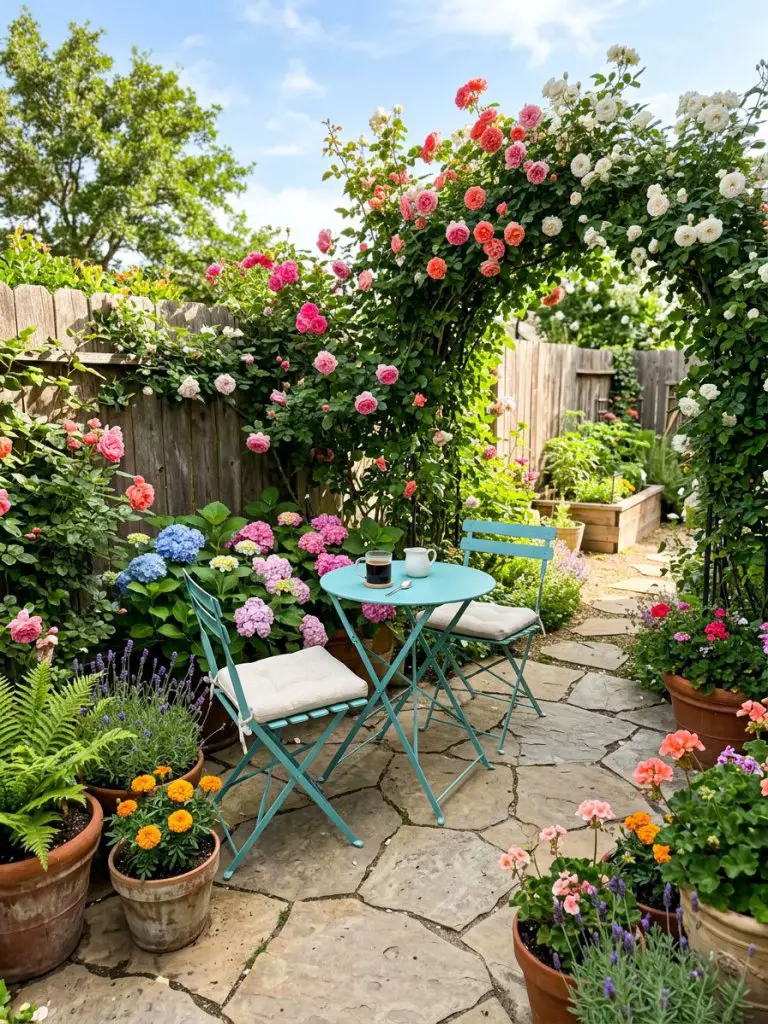 A compact backyard patio in a small United States suburban garden featuring a colorful folding bistro set styled for a cozy morning coffee n.