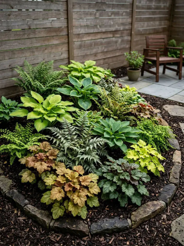 A foliage-focused small garden bed in a U.