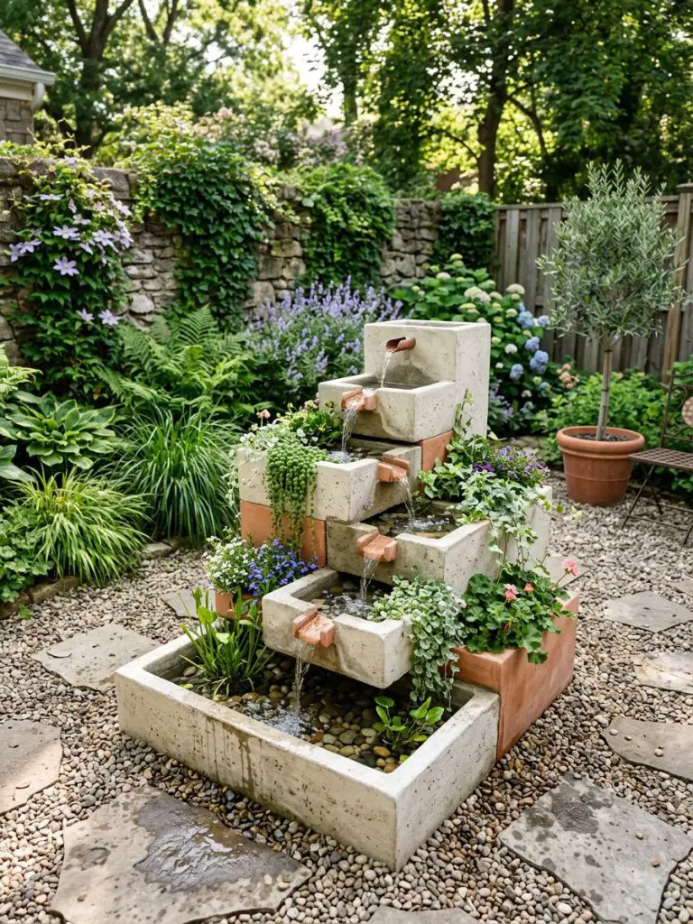 A creative fountain planter combination in a small backyard, featuring a tiered structure where water flows through integrated planters fill.