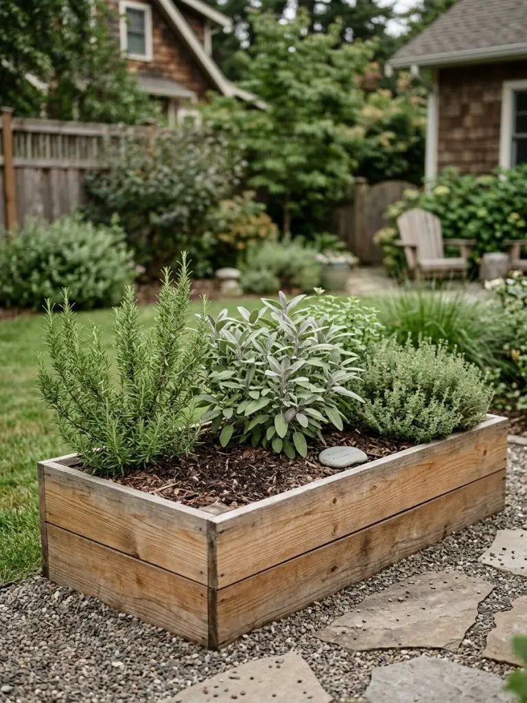 A small raised bed herb memorial garden in a United States backyard designed in warm minimalist and modern rustic style.