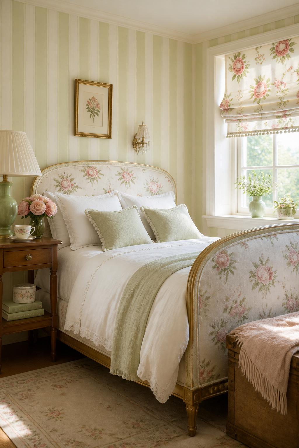 French cottage charm is captured in this bedroom, where delicate sage green and cream striped wallpaper effortlessly echoes the floral motif.