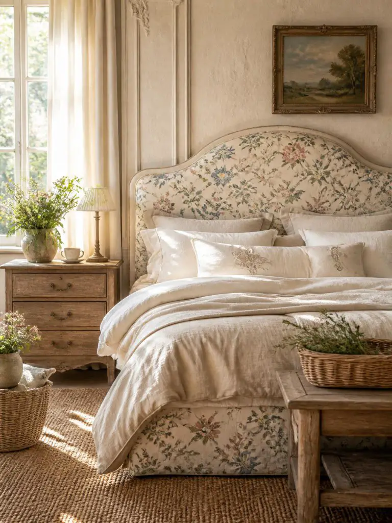 A bright French cottage bedroom showcasing a curved floral headboard upholstered in delicate wildflower fabric with buttery cream, dusty blu.