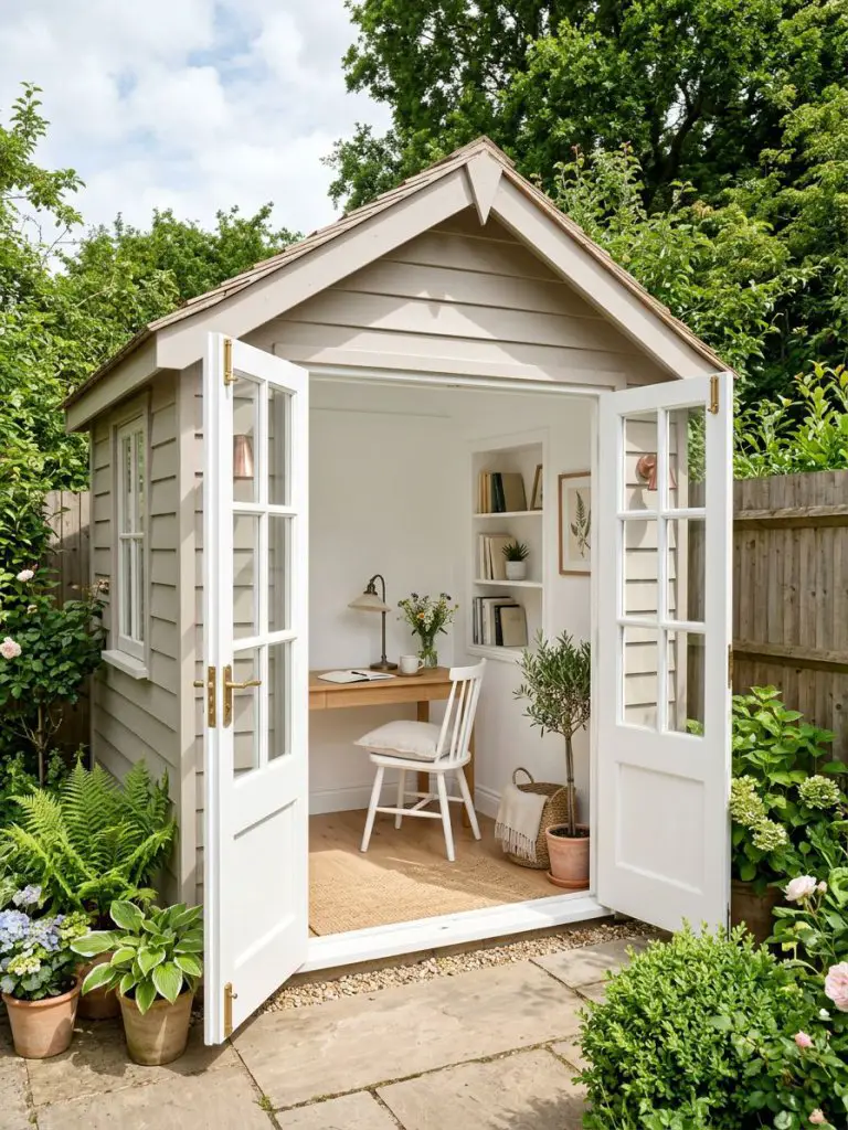 A compact garden studio shed with elegant glass French doors opening into a bright white interior, designed as a reading nook or mini office.