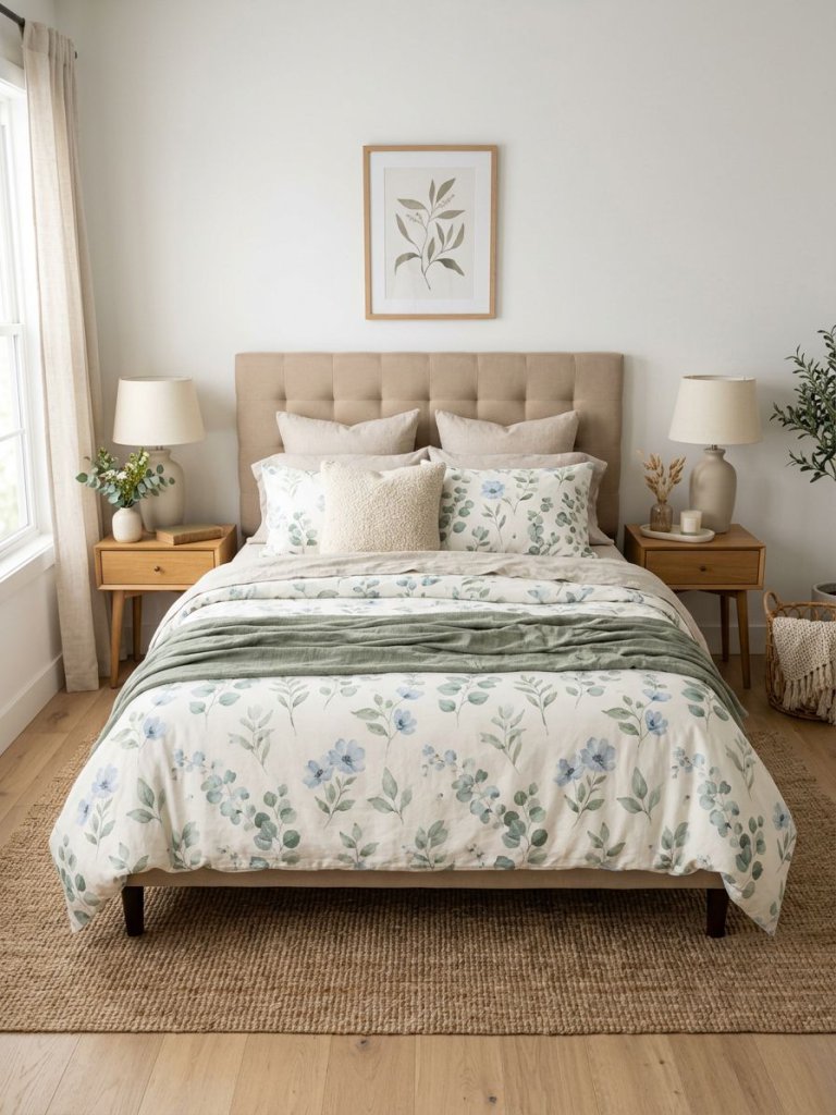 A calming botanical bedroom featuring fresh floral bedding with soft sage green leaves and delicate pale blue blossoms layered across crisp.