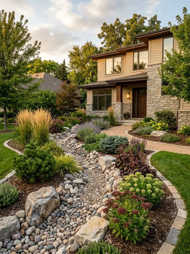 A front yard small rockery garden designed with a dry creek bed running alongside a modern suburban home in an elegant landscape composition.