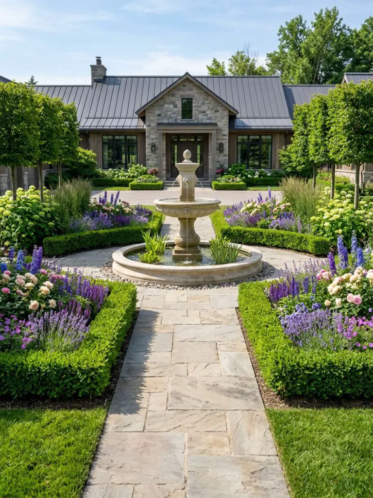 A front yard garden showcasing a symmetrical fountain design with a central stone water feature flanked by evenly spaced flower beds.