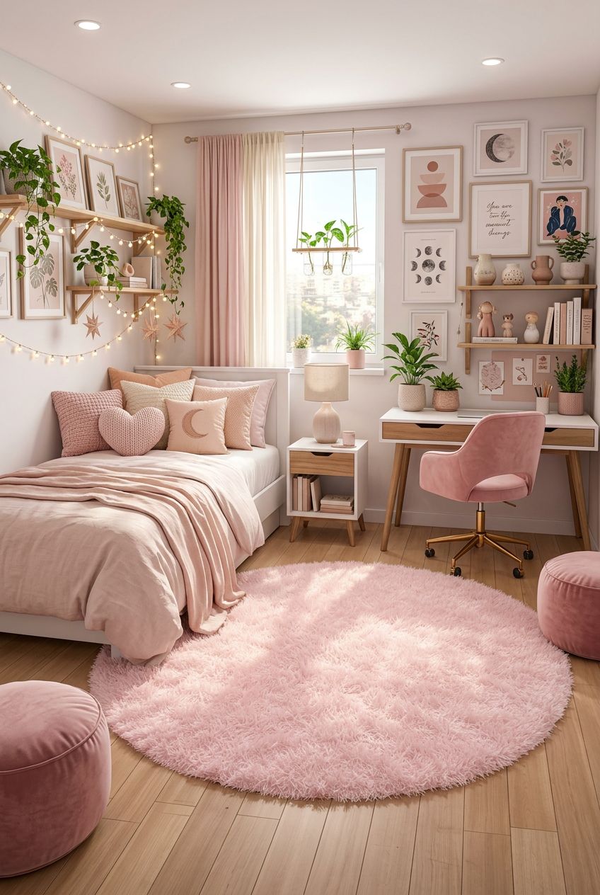 A practical but cozy bedroom with a contemporary pink and white color scheme, showcasing a well-organized workspace beside a white bed adorn.