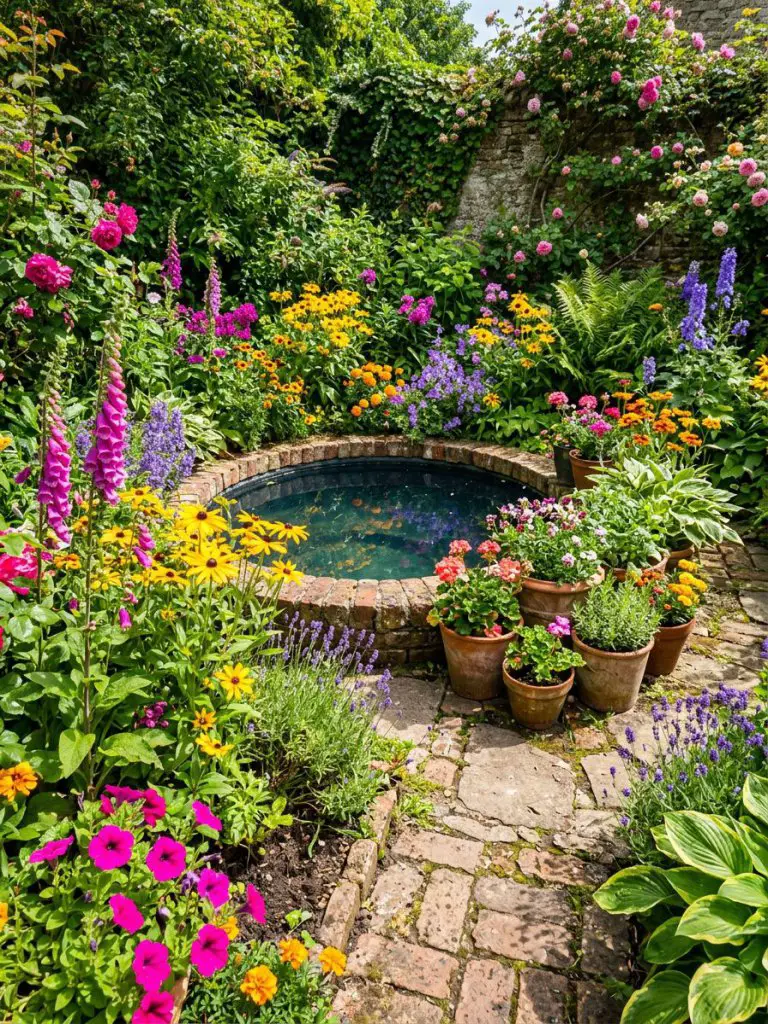 A garden around pool concept featuring dense blooming plants surrounding a small circular pool.
