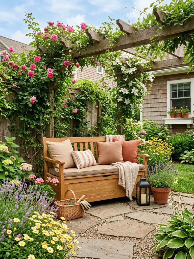 A small sunny backyard garden in a United States suburban home showcasing a wooden storage bench surrounded by colorful flowering plants and.