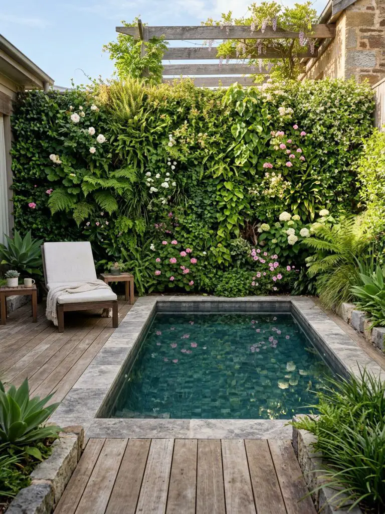 A garden design with pool incorporating a vertical green wall as a backdrop.