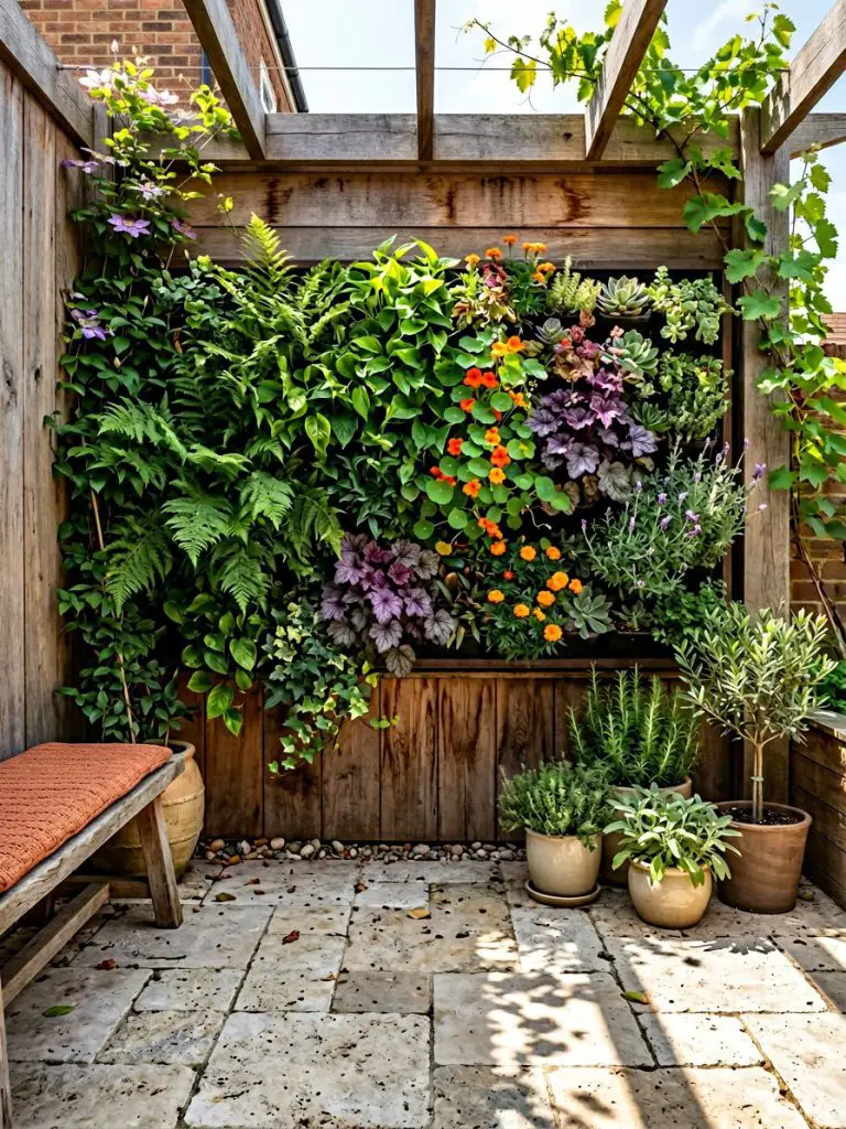 A small garden space featuring vertical greenery combined with a paved base, styled in warm minimalist and rustic tones.