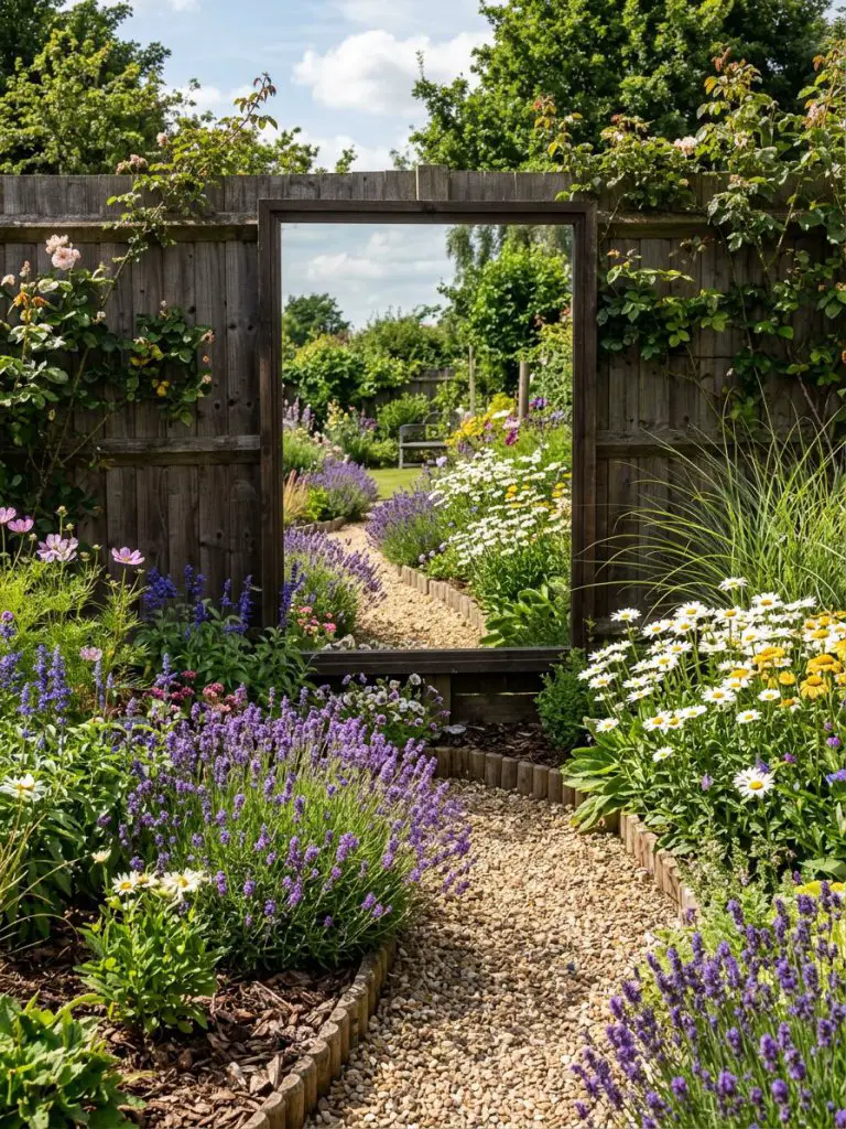 A small rectangular garden using a large outdoor mirror mounted on a fence behind layered plants.