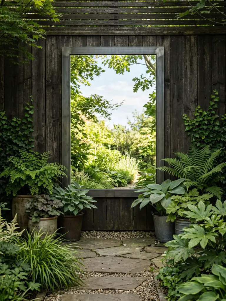 A shaded backyard garden incorporating a large weatherproof mirror to amplify light in a Warm Minimalist + Modern Rustic setting.