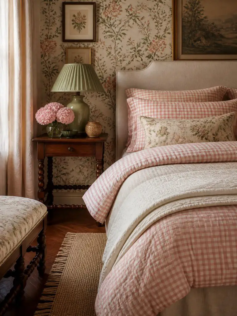 A romantic floral cottage bedroom mixing gingham and vintage botanical patterns with English countryside charm, featuring a soft upholstered.