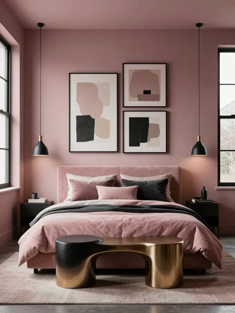 A glamorous moody pink bedroom blending Modern Glam and Warm Minimalist design, centered around a plush blush pink bed with charcoal black a.