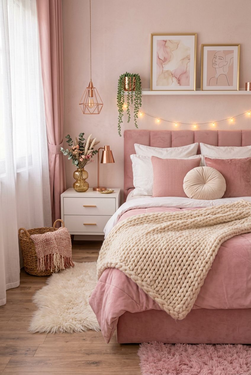 A sophisticated blush pink bedroom with an upholstered velvet headboard and layered, textured bedding in warm pink and cream hues.