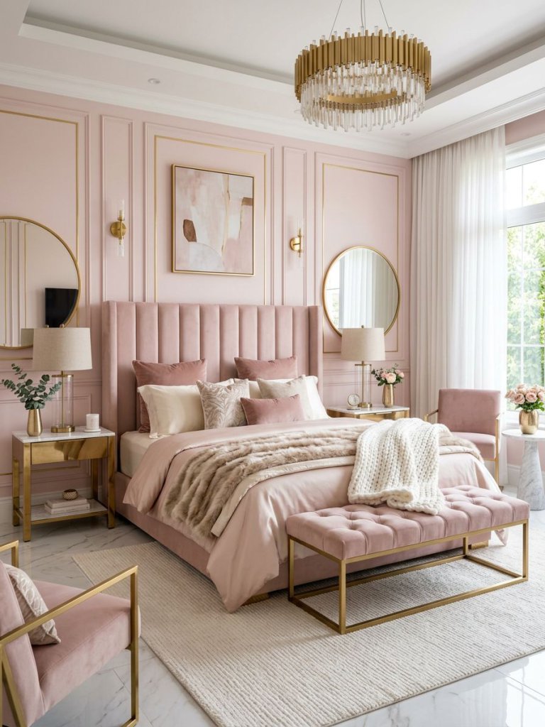 A glamorous pink and gold bedroom designed in a modern luxury style with blush velvet textures, soft faux fur layers, and polished gold acce.