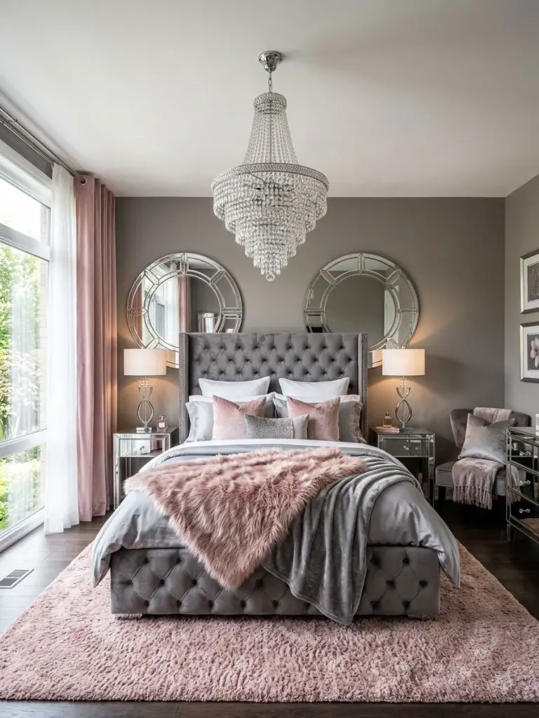 A glamorous pink and grey bedroom designed in modern luxury style with plush velvet upholstery, crystal chandeliers, mirrored decor, and lay.