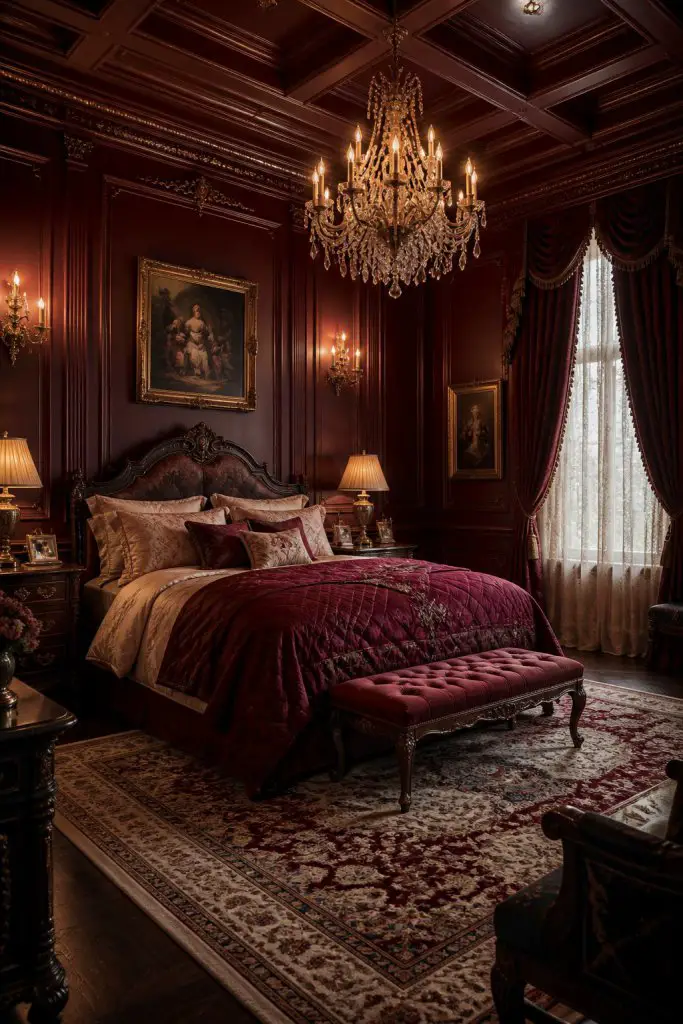 A stately, traditional bedroom enveloped in rich burgundy paneling and ornate moldings, finished with a matching coffered ceiling.
