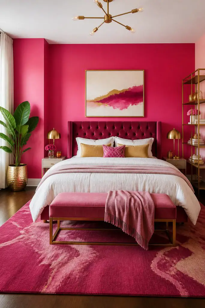 This glamorous bedroom showcases a vivid fuchsia accent wall paired with a matching plush tufted headboard and bench, giving a luxurious coh.