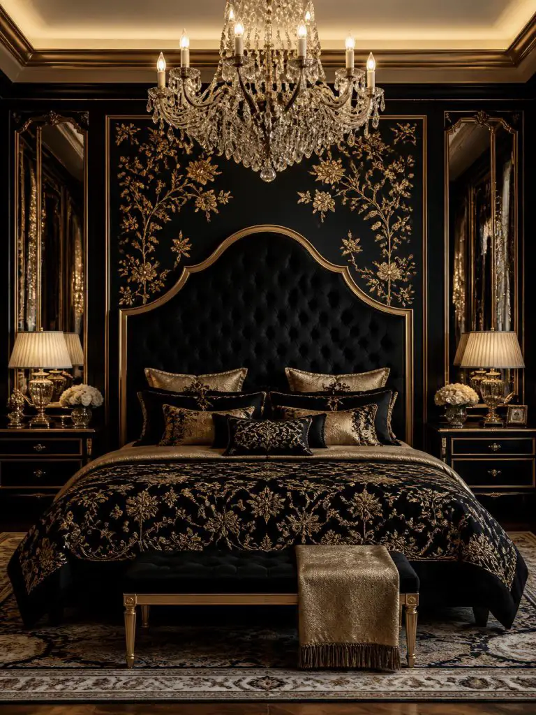 A glamorous black and gold floral bedroom inspired by luxurious boutique hotels and classic European interiors.