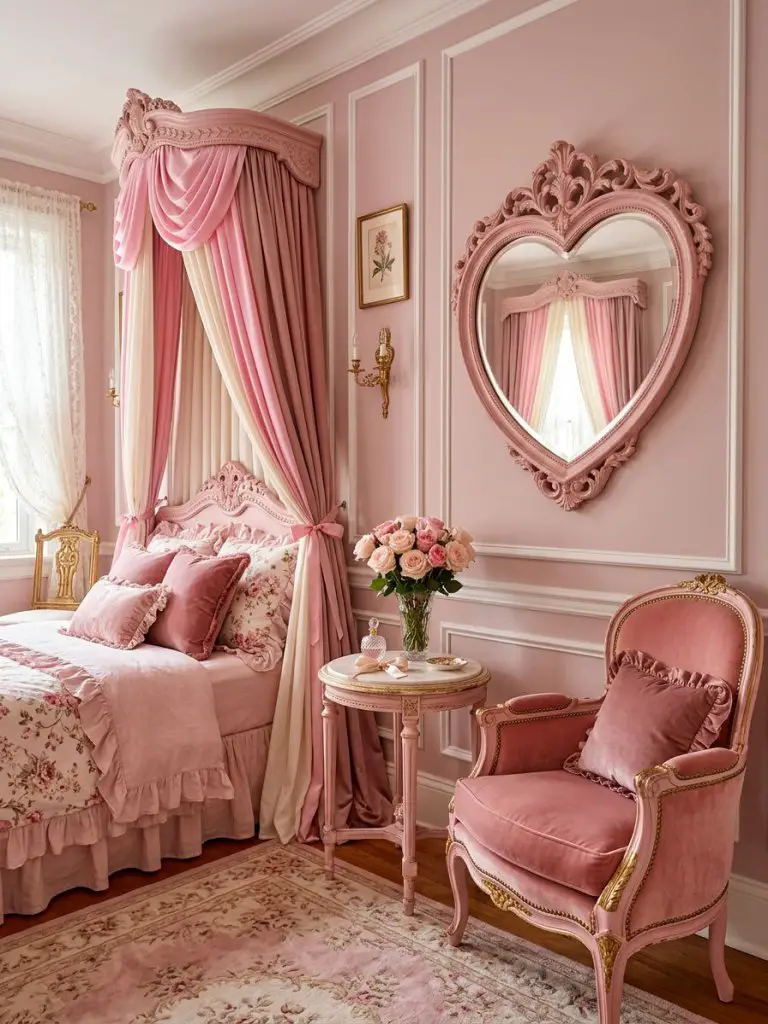 A glamorous coquette bedroom corner filled with vintage French elegance and monochromatic pink styling.