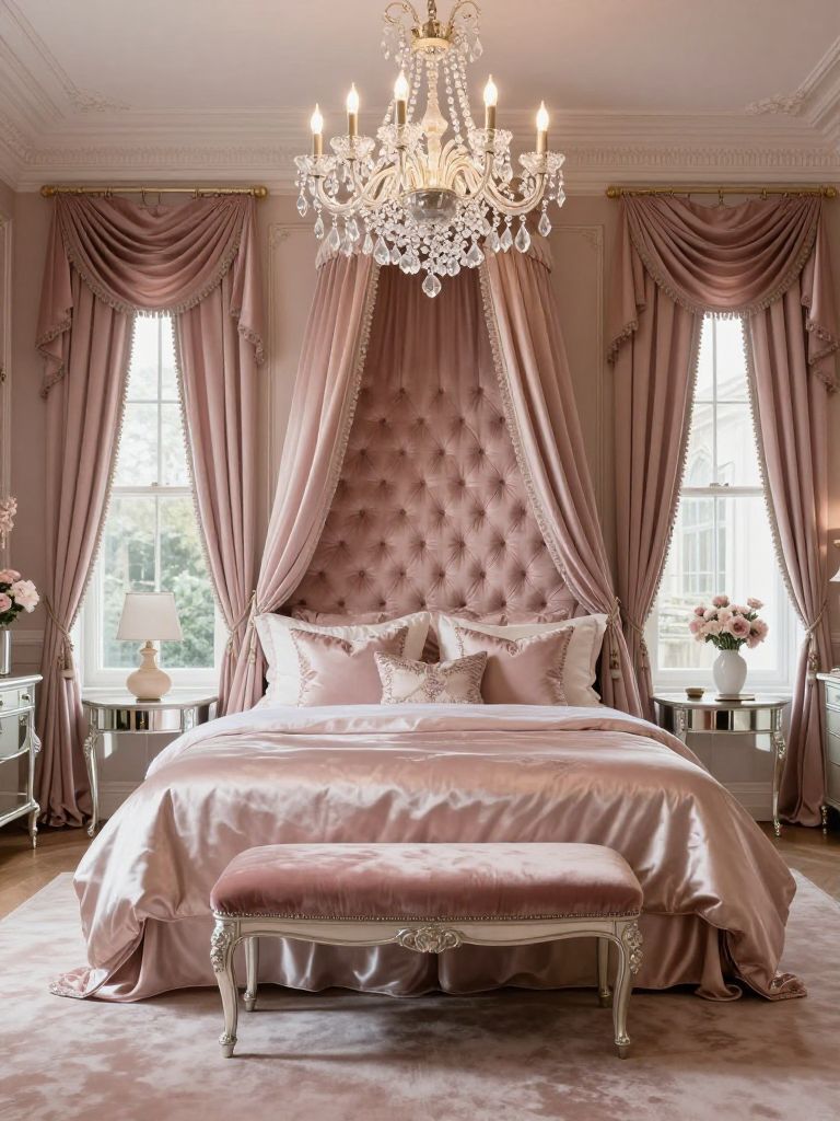 A glamorous dusty rose bedroom designed with vintage-inspired luxury, featuring a tall tufted velvet canopy headboard, shimmering satin bedd.