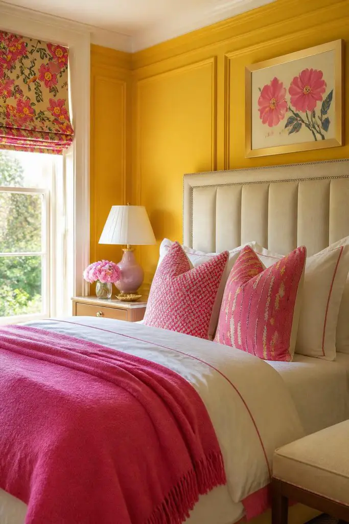 A glamorous take on pink and yellow, this bedroom features golden mustard wall paneling and a tufted upholstered bed as the striking centerp.