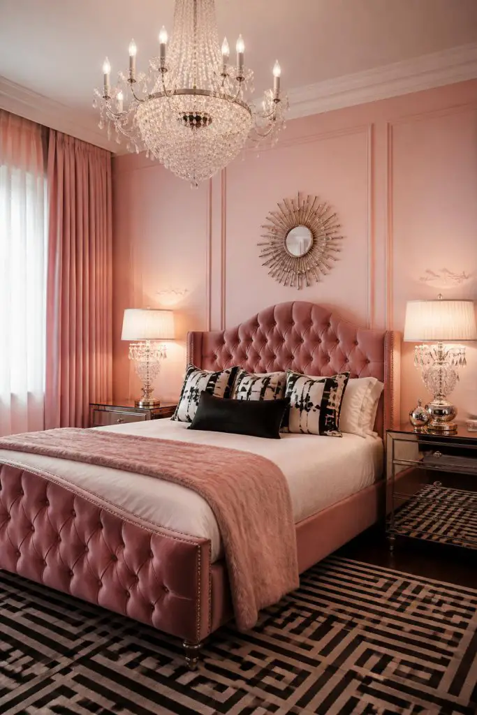 A glamorous bedroom styled with soft pink paneled walls, a button-tufted pink velvet bed, and eye-catching black geometric carpets.