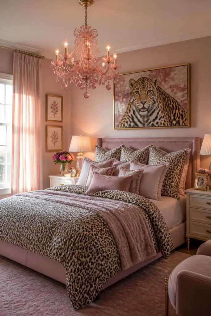 Bold and stylish, this bedroom boasts a pastel pink wall and plush suite bed dressed in multiple layers of cheetah and blush print bedding.