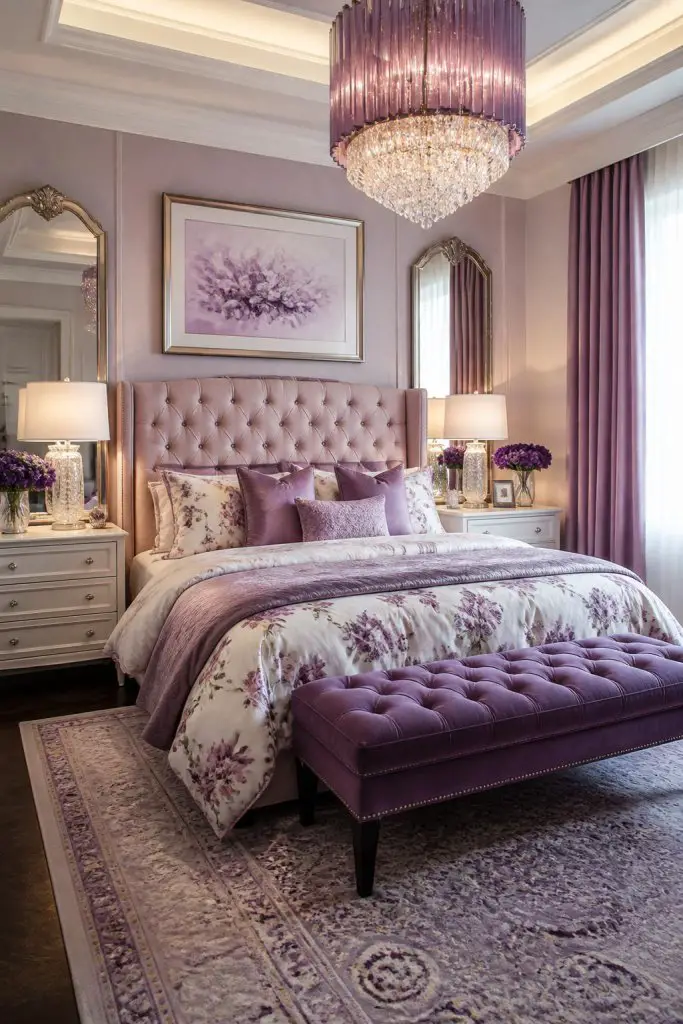 Channeling high-end glam, this pink and purple bedroom centers on a plush, tufted bed adorned with patterned floral bedding in tones of blus.