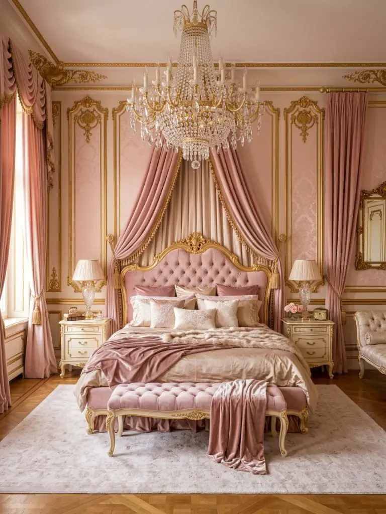 A glamorous pink royal bedroom inspired by French palace interiors with a dramatic crystal chandelier suspended above a plush blush pink tuf.