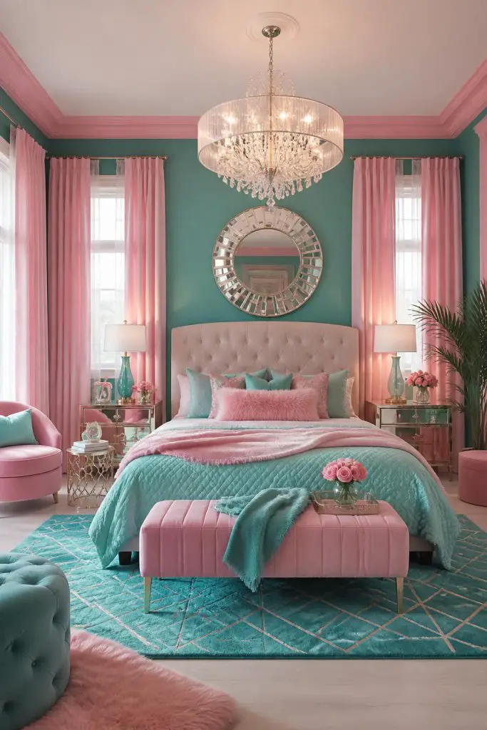 A glamorous teal and pink bedroom with a plush, tufted headboard and an oversized, round mirror above the bed.