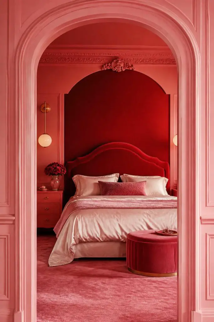 Present a glamorous bedroom suite with a view through a pink-arched doorway directly onto a bold red velvety alcove framing a bed dressed in.
