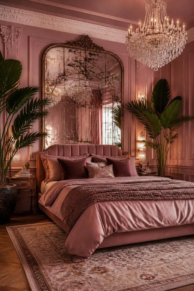 A glamorous bedroom leaning into art deco influences, featuring sulking room pink paneled walls and an oversized antiqued mirror behind a bl.