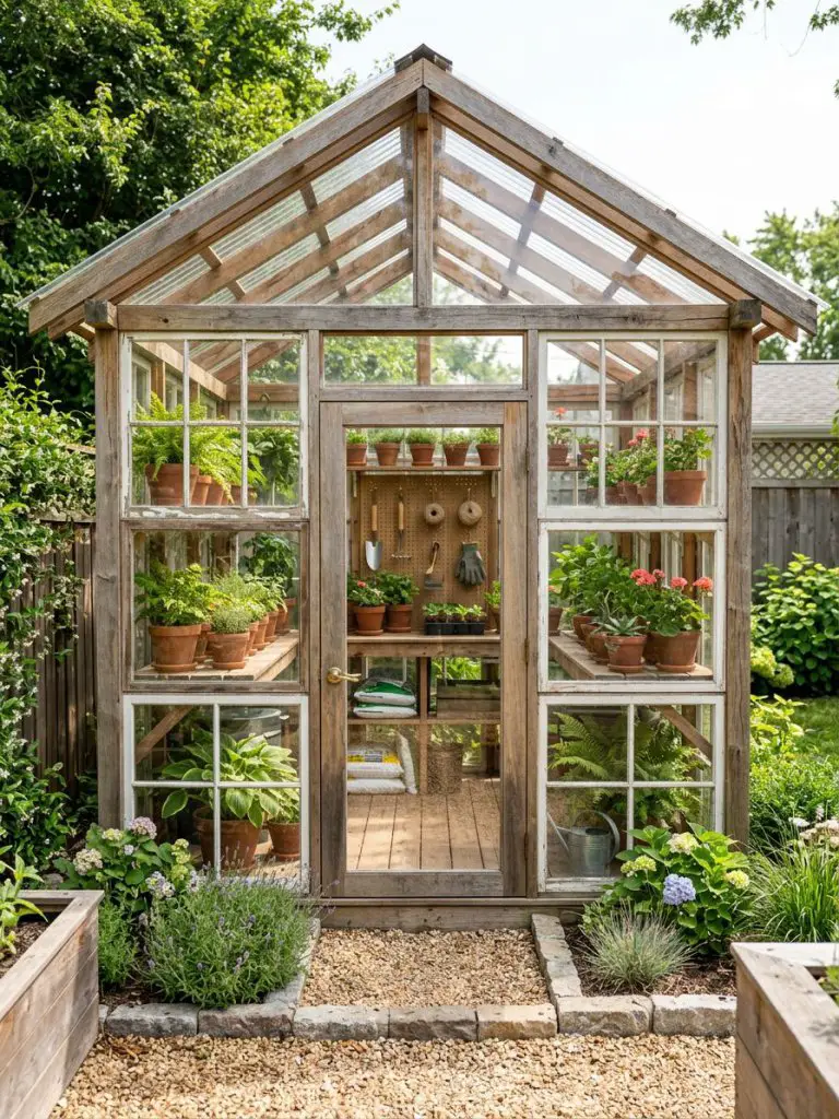 A small backyard greenhouse-style shed with a full glass front wall made from reclaimed window panels, blending Warm Minimalist and rustic g.