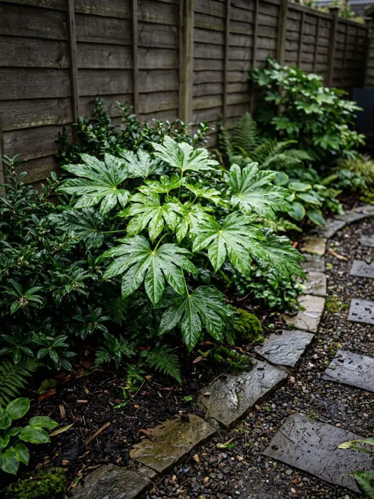 A small damp backyard garden showcasing glossy foliage plants in a Warm Minimalist + Modern Rustic design.
