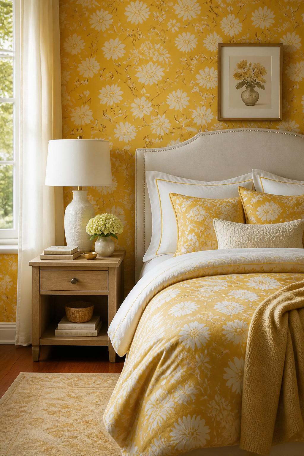 This elegant, sunny bedroom enchants with a strong golden yellow color scheme and a wall of classic floral wallpaper.
