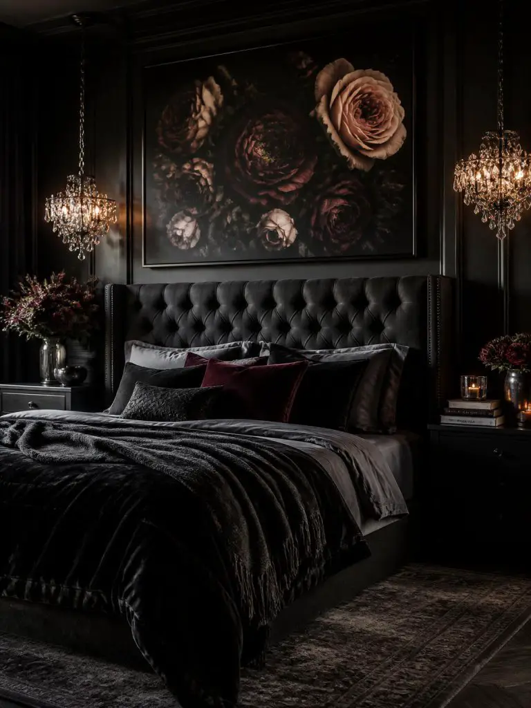 A gothic-inspired black floral bedroom with dark romantic styling and dramatic mood lighting.