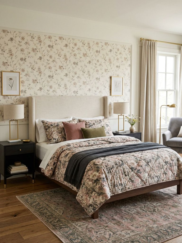 Design a polished grandma chic bedroom blending nostalgic floral patterns with modern gold accents and elevated styling.