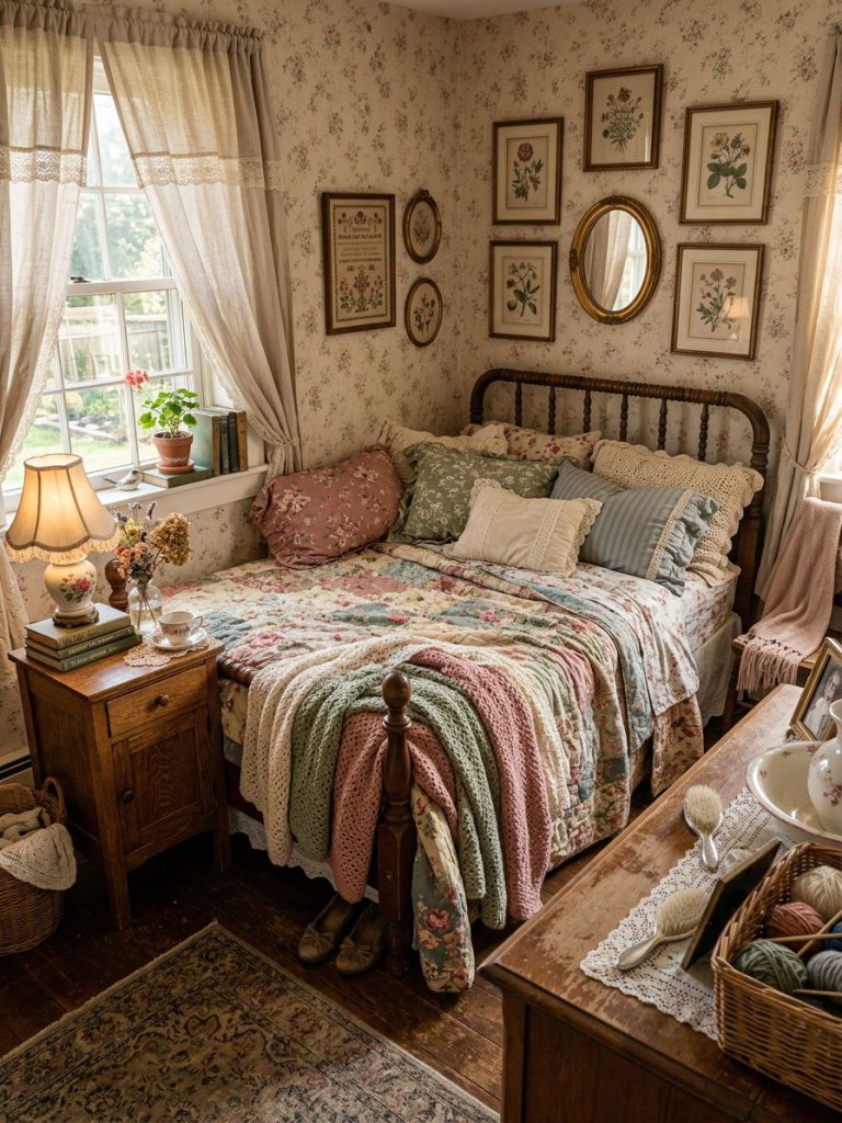 Design a cozy grandmacore vintage floral bedroom overflowing with layered floral textiles and collected vintage charm.