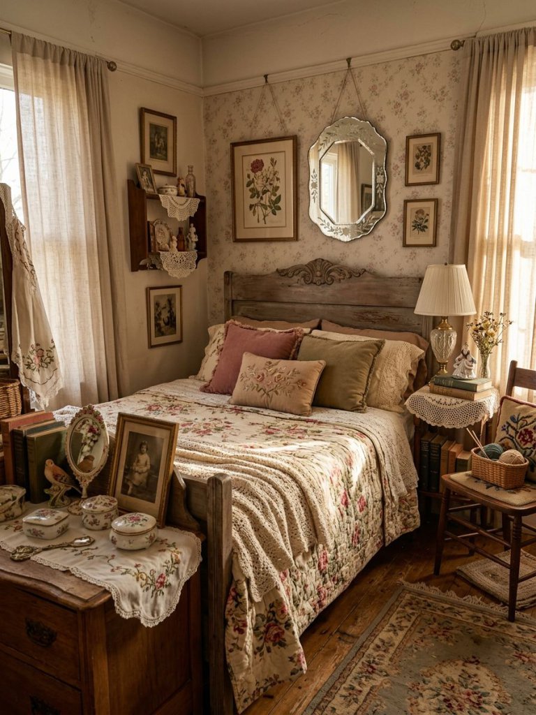 Design a deeply personal grandmacore floral bedroom filled with collected vintage objects and nostalgic textures.