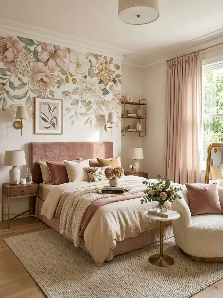 A sophisticated grown-up girly floral bedroom blending elegant botanical details with modern feminine styling.