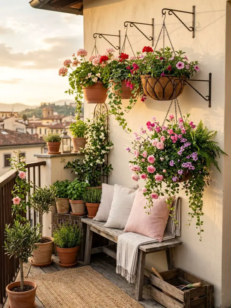 A charming balcony mini garden with hanging baskets and rustic accents.