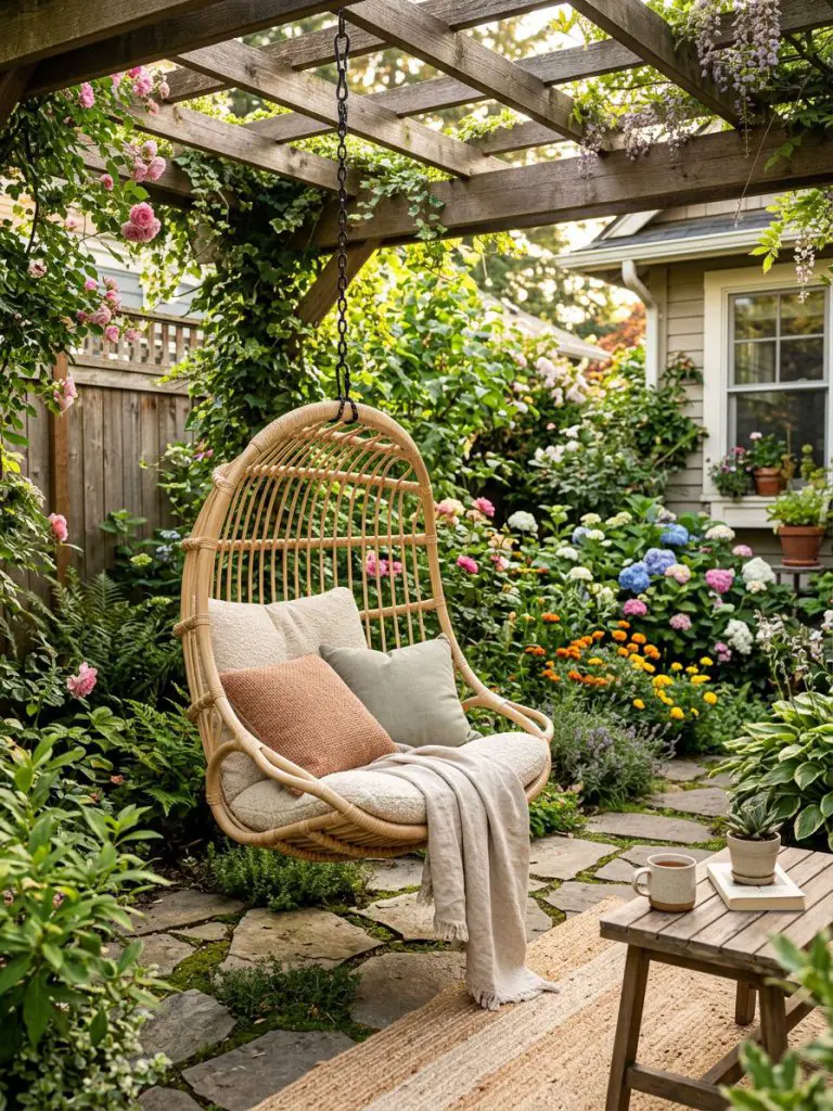 A cozy small backyard garden in a United States home featuring a stylish hanging egg chair positioned beneath a pergola surrounded by vibran.