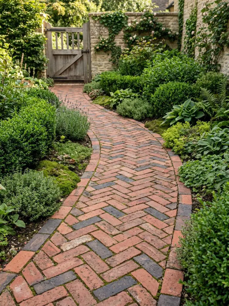 A small garden featuring a herringbone brick pathway designed in a Warm Minimalist and Modern Rustic style.